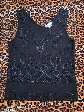 White House Black Market Black Sequin Embellished Knit Tank Top Size L